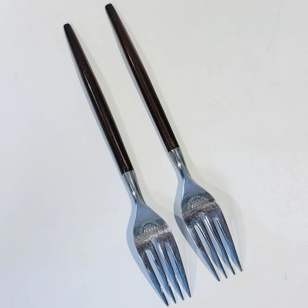 Vintage EKCO Eterna Stainless Steel Forks MCM‎ Wooden Handles Made in Japan